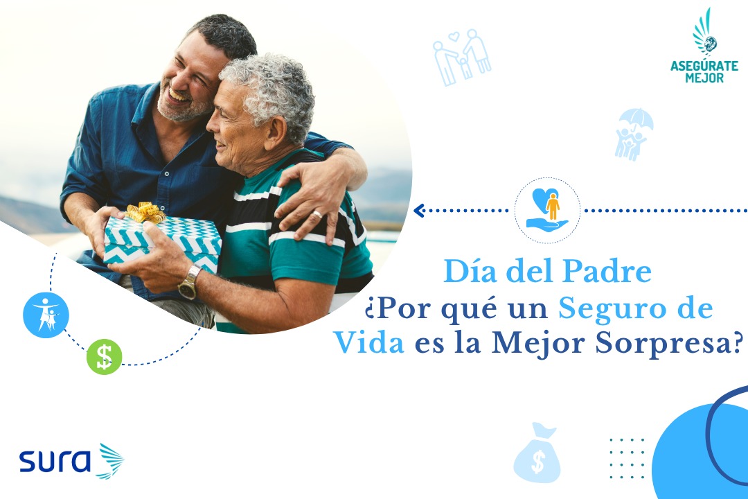 Padre mayor e hijo adulto abrazados con un regalo por el Día del Padre