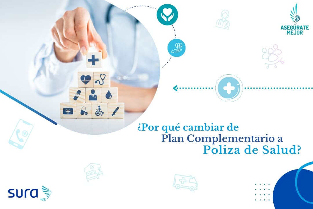 Mano armando bloques con íconos de salud, cambio de plan complementario a póliza de salud