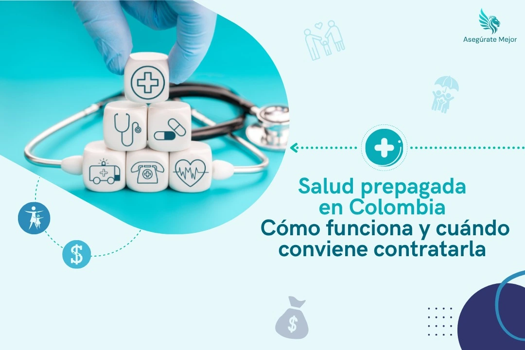 Estetoscopio y bloques con íconos médicos, salud prepagada en Colombia