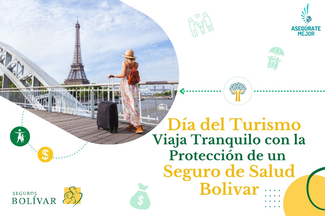Viajera frente a la Torre Eiffel por el Día del Turismo con seguro de salud Bolívar