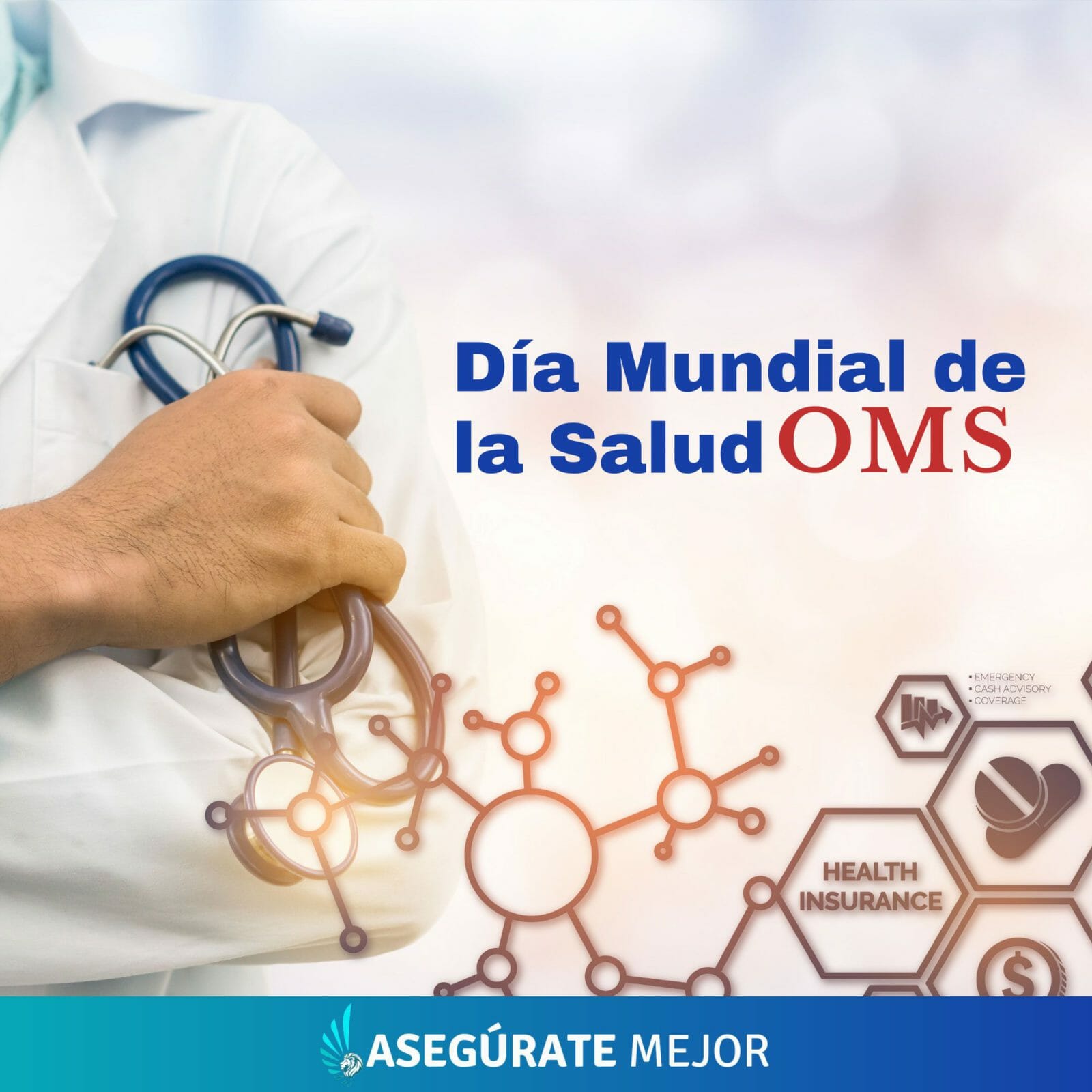 Médico con estetoscopio e íconos de salud por el Día Mundial de la Salud de la OMS
