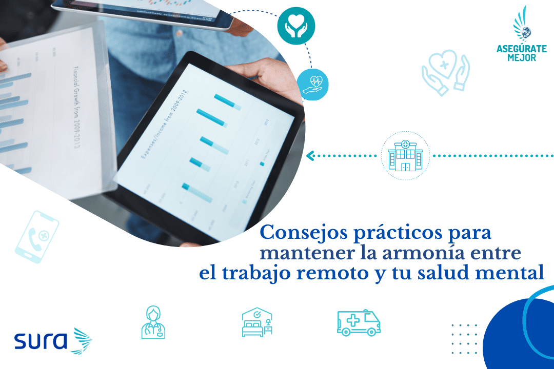 Tableta con gráficas de trabajo, equilibrio entre trabajo remoto y salud mental
