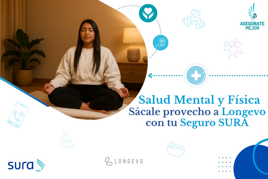 Mujer meditando en casa, salud mental y física con Longevo y el seguro SURA