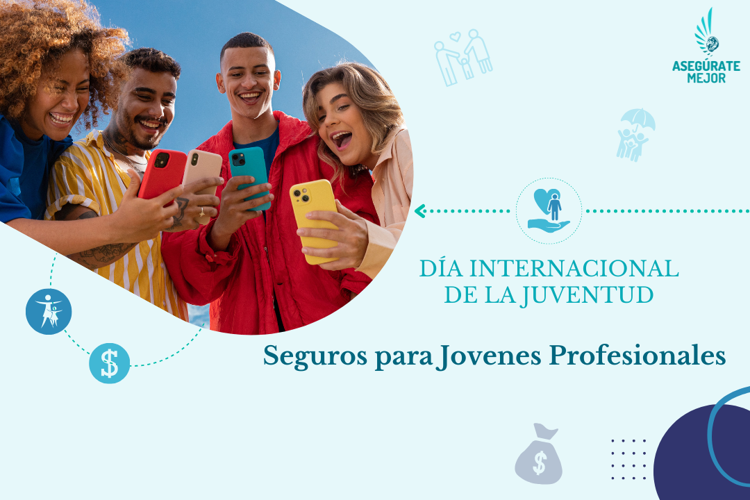 Grupo de jóvenes felices mirando celulares por el Día Internacional de la Juventud