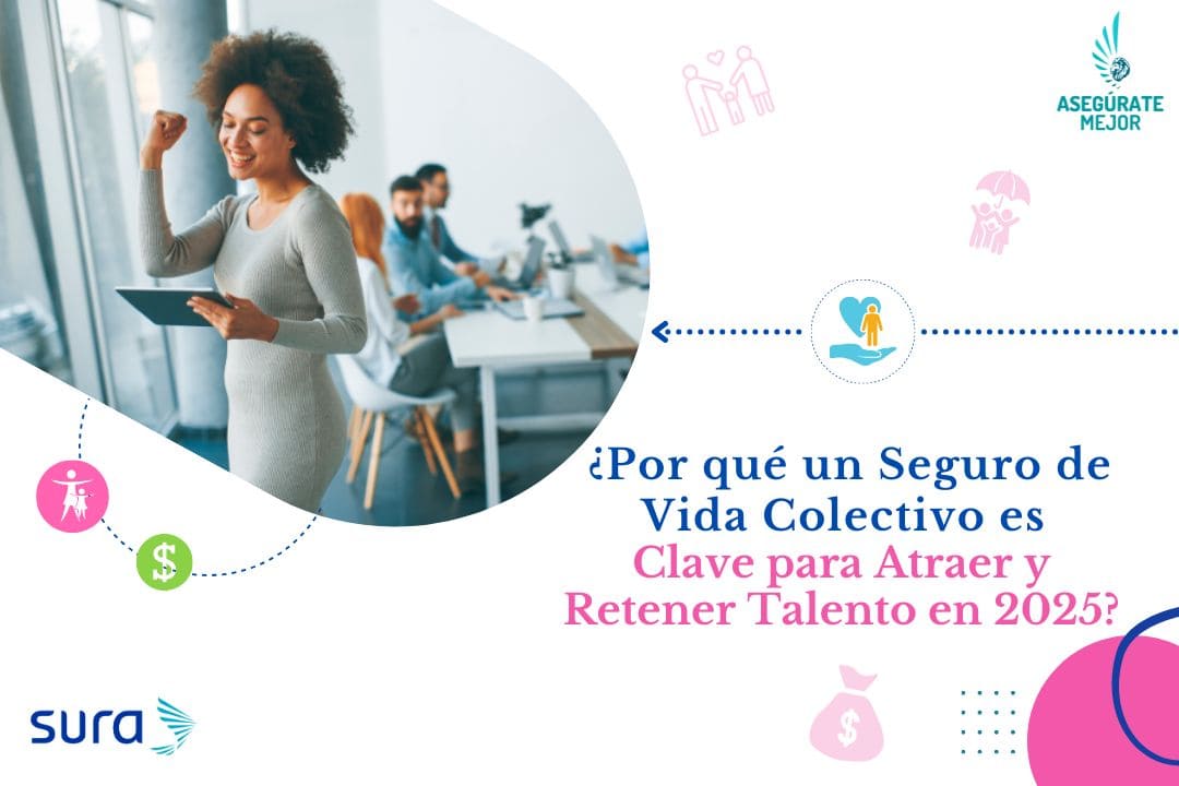 Mujer ejecutiva celebrando en la oficina, seguro de vida colectivo para atraer talento