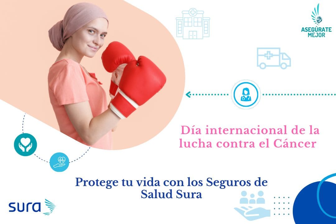 Mujer en tratamiento contra el cáncer con guantes de boxeo, seguros de salud SURA