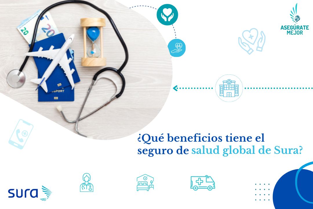 Estetoscopio, avión de juguete y reloj de arena, beneficios del seguro de salud global de SURA