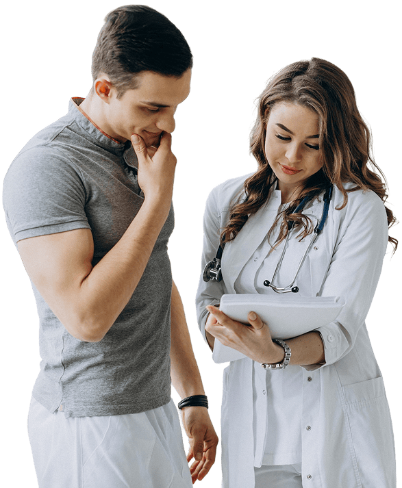 young woman doctor practitioner consulting male patient